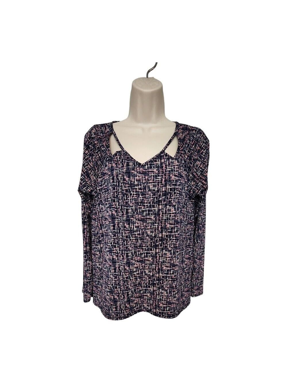Cato Womens Purple Long Sleeve Abstract Tunic V-Neck Blouse Size Medium
